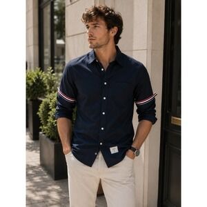Authentic Thom Browne Mens Armband Shirt Size 2 Navy Blue Cotton Twill Italy NEW